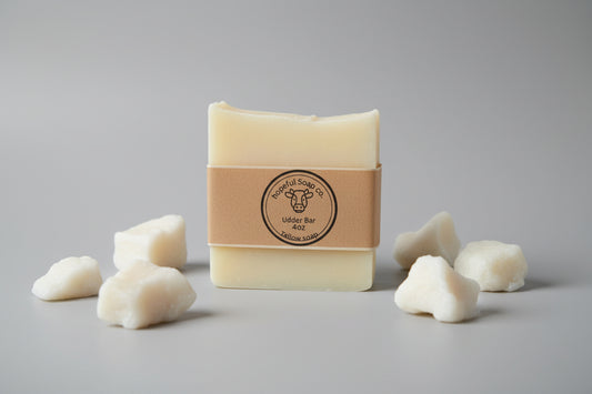 Bar of soap on a wooden surface with a visible brand logo.