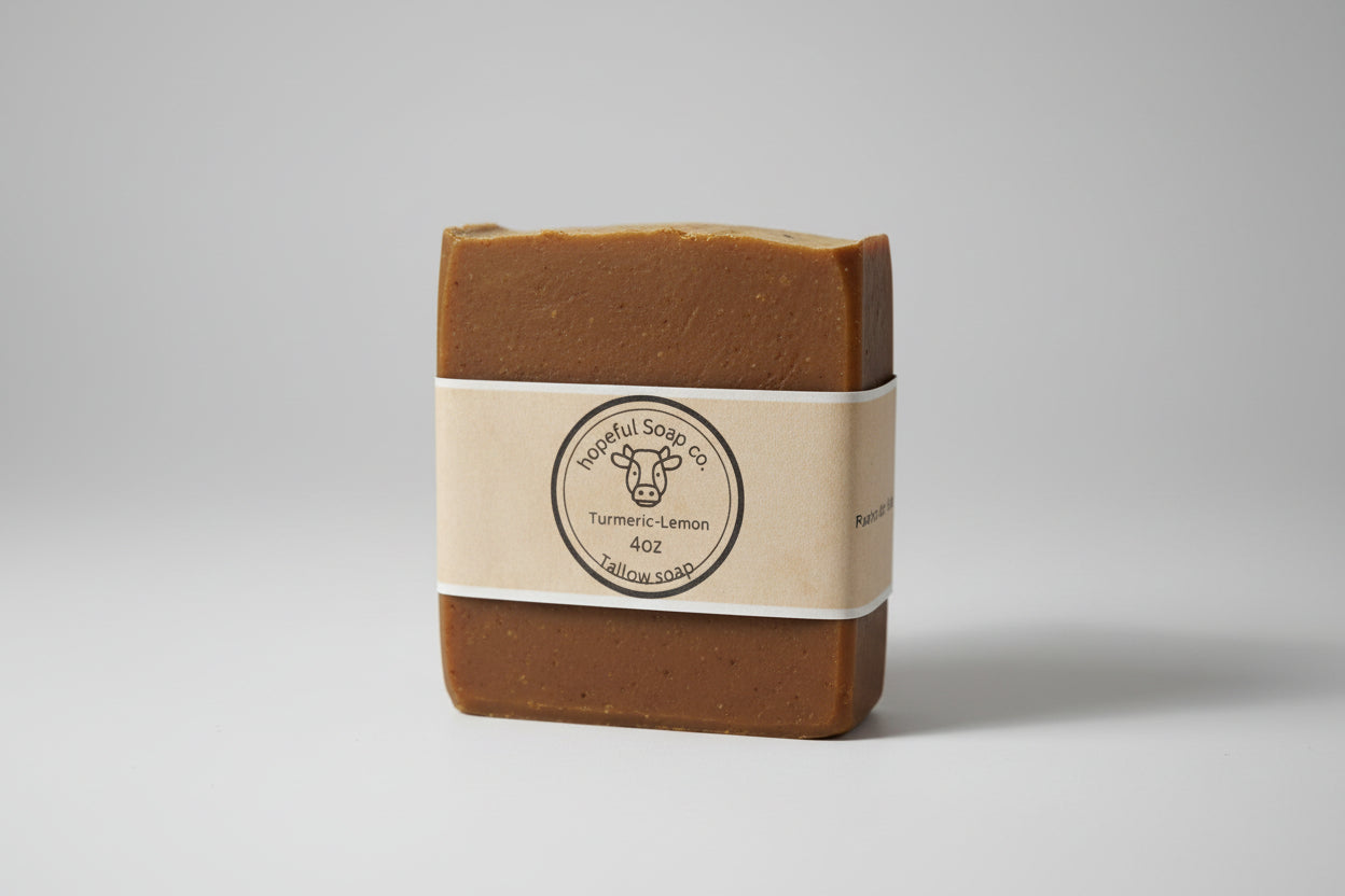 Bar of soap with a brown label on a white/grey surface