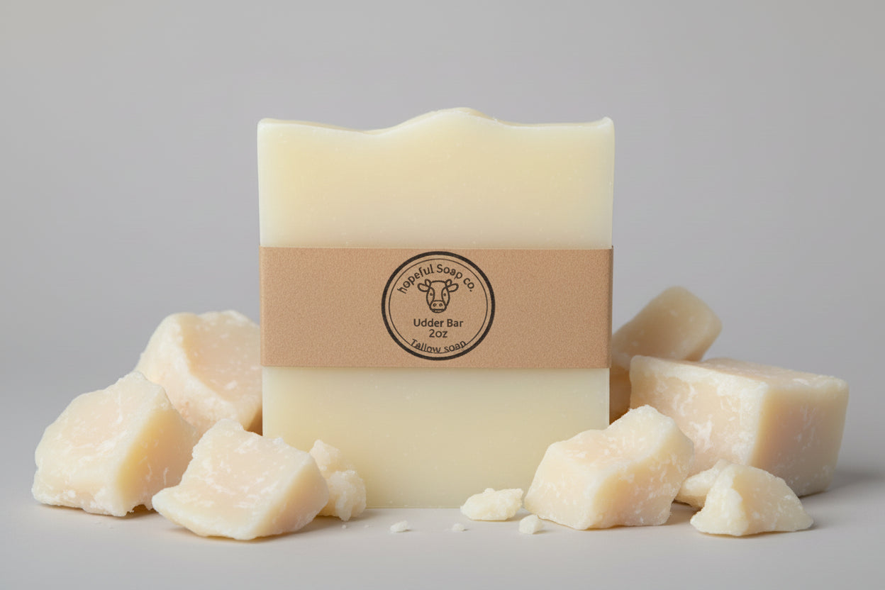 Bar of soap with a brown label on a wooden surface