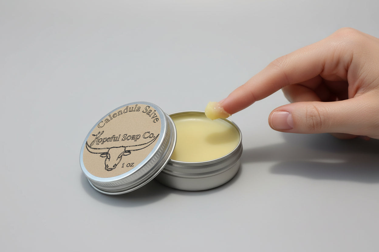 Tin of calendula salve on a flat surface